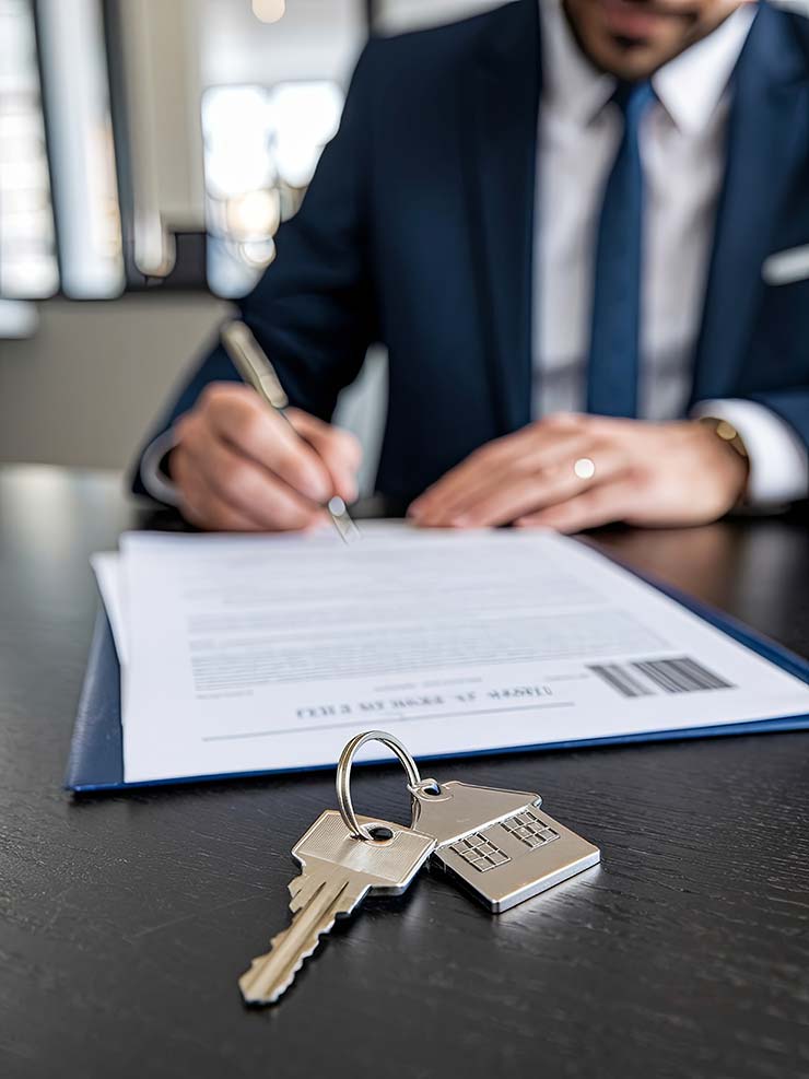 Évaluation de biens immobiliers réalisée par un expert immobilier indépendant Signature d’un rapport d’évaluation immobilière avec clés, expertise indépendante et juridiquement sécurisée